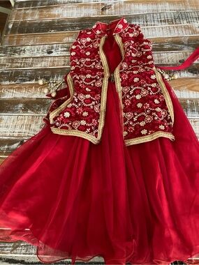 Lucy Red Embroidered Dress with Gold Trim